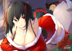 Rule 34 | 1girl, ahoge, azur lane, bare shoulders, black hair, blush, boots, breasts, choker, christmas, cleavage, corset, crossed bangs, dress, fur-trimmed boots, fur-trimmed dress, fur trim, gift, hair between eyes, hair ornament, hair ribbon, huge breasts, indoors, large breasts, long hair, looking at viewer, lying, manjuu (azur lane), off-shoulder dress, off shoulder, parted lips, red dress, red eyes, red footwear, ribbon, sack, santa costume, signature, snowflakes, solo, taihou (azur lane), thigh boots, thighhighs, twintails, very long hair, yorugami rei