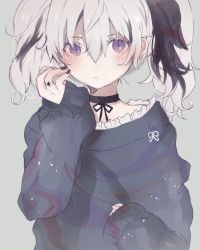 Rule 34 | 1girl, black choker, black hair, black nails, black sweater, choker, closed mouth, fingernails, flower (vocaloid), flower (vocaloid3), frills, grey background, grey hair, hair between eyes, hand up, heremia, highres, jewelry, long sleeves, looking at viewer, multicolored hair, nail polish, purple eyes, ring, simple background, sleeves past wrists, solo, streaked hair, sweater, upper body, vocaloid