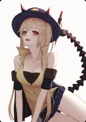 Rule 34 | 1girl, bare shoulders, blonde hair, blue skirt, blush, breasts, cleavage, collarbone, fangs, feet out of frame, girls&#039; frontline, hat, highres, long hair, looking at viewer, m870 (girls&#039; frontline), mechanical tail, medium breasts, miniskirt, open mouth, orange eyes, shirt, sitting, skirt, solo, tail, teeth, thomas 8000, twintails, upper teeth only, white background, yellow shirt