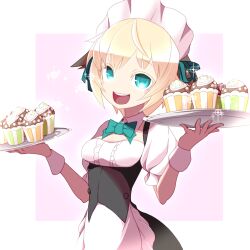 1girl blonde_hair blue_eyes cupcake fate/grand_order fate_(series) food gareth_(fate) highres holding holding_tray looking_at_viewer maid maid_headdress neck_o open_mouth short_hair simple_background smile solo tray white_background