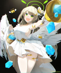 Rule 34 | 1girl, alternate costume, angel wings, armlet, artist name, basket, bell, blonde hair, blue archive, breasts, credit card, dress, flower bracelet, gloves, green eyes, hair ornament, hair scrunchie, halo, highres, holding, holding bell, holding clothes, holding dress, large breasts, long hair, nonomi (blue archive), one side up, open mouth, paid reward available, panties, panty peek, pyroxene (blue archive), scrunchie, sideboob, simple background, single thighhigh, smile, solo, sonaworld, standing, thighhighs, underwear, very long hair, white background, white dress, white gloves, white panties, white thighhighs, wings