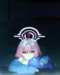 Rule 34 | 1girl, absurdres, ahoge, blue archive, blue eyes, blue jacket, closed mouth, eyewear on head, halo, heterochromia, highres, hoshino (blue archive), hoshino (swimsuit) (blue archive), jacket, partially submerged, photo background, pink hair, pink halo, pong2, pool, solo, yellow eyes