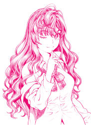 Rule 34 | 10s, 1girl, ;3, bow, finger to own chin, highres, hijiri rei, ichinose shiki, idolmaster, idolmaster cinderella girls, long hair, looking at viewer, monochrome, one eye closed, pink theme, ribbon, simple background, solo, traditional media, upper body, wavy hair, white background