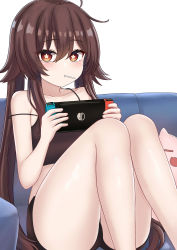 Rule 34 | 1girl, absurdres, bare legs, bare shoulders, blush, brown hair, candy, casual, couch, food, genshin impact, ghost, haku (pcts7547), highres, hu tao (genshin impact), legs, lollipop, looking at viewer, nintendo switch, on couch, playing games, red eyes, short shorts, shorts, simple background, sitting, solo, strap slip, symbol-shaped pupils, tank top, thighs, twintails, white background