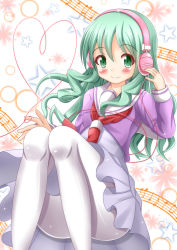 Rule 34 | 1girl, blush, cable, clothes lift, commentary request, gradient background, green hair, headphones, highres, kohana rin, long hair, looking at viewer, musical note, pantyhose, quaver, school uniform, serafuku, simple background, skirt, skirt lift, smile, solo, sore ga seiyuu!, star (symbol), white pantyhose, wire, xenon (for achieve)