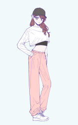 Rule 34 | 1girl, baseball cap, brown eyes, brown hair, commentary request, cropped shirt, earrings, full body, grey background, hand in pocket, hat, highres, jewelry, long hair, long sleeves, looking at viewer, midriff, navel, original, parted lips, sakashima 0822, shirt, simple background, solo, white shirt