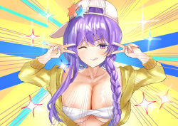 Rule 34 | 1girl, absurdres, asymmetrical hair, backwards hat, bare shoulders, baseball cap, bb (fate), bb (fate) (all), bb (swimsuit mooncancer) (fate), bb (swimsuit mooncancer) (first ascension) (fate), bikini, bikini top only, blush, braid, breasts, cleavage, closed mouth, collarbone, cropped jacket, double v, emotional engine - full drive, fate/grand order, fate (series), hair over shoulder, hands up, hat, highres, horin, jacket, large breasts, licking lips, long hair, long sleeves, looking at viewer, nail polish, one eye closed, parody, purple eyes, purple hair, single braid, smile, solo, sparkle, sunburst, sunburst background, swimsuit, tongue, tongue out, v, very long hair, white bikini, white hat, yellow background, yellow jacket