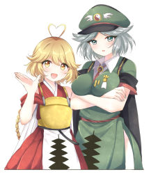 Rule 34 | 1girl, 1other, androgynous, armor, blonde hair, braid, breastplate, breasts, collared shirt, commentary request, crossed arms, fujiwara no shirogane no sanra, genderswap, genderswap (otf), green headwear, grey eyes, grey hair, hand up, hat, height difference, highres, japanese clothes, large breasts, len&#039;en, long hair, military, military uniform, ooama no ake no mitori, open mouth, ougi hina, shirt, short hair, short sleeves, smile, twin braids, uniform, white shirt, yellow eyes, yin yang