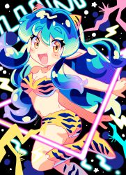 Rule 34 | 1girl, :d, animal print, ass, bikini, blue hair, blush, blush stickers, boots, fang, halftone, highres, horns, knee boots, lightning, long hair, looking at viewer, looking back, lum, navel, open mouth, outstretched arms, smile, solo, sowao., standing, standing on one leg, star (symbol), swimsuit, tiger print, urusei yatsura, very long hair, yellow eyes
