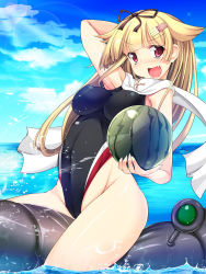 Rule 34 | 10s, 1girl, blonde hair, competition swimsuit, fang, food, fruit, hair flaps, highleg, highleg swimsuit, highres, kantai collection, long hair, one-piece swimsuit, red eyes, riding, scarf, solo, swimsuit, torisan, torpedo, water, watermelon, yuudachi (kancolle), yuudachi kai ni (kancolle)