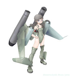 Rule 34 | 1girl, aircraft, airplane, brown hair, female focus, full body, glasses, hands on own hips, hip focus, jet, long hair, me 262, mecha musume, military, nano (nanosize), original, simple background, solo, white background, world war ii