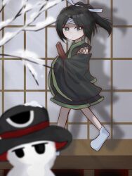 Rule 34 | 1other, androgynous, bare tree, black hair, black headwear, black shirt, black sleeves, book, character snowman, closed mouth, commentary request, enraku tsubakura, expressionless, eye of senri, grey eyes, hair ribbon, hat, headband, highres, jinbei (clothes), jinbei (len&#039;en), len&#039;en, long hair, long sleeves, other focus, outdoors, own hands together, ponytail, red headwear, ribbon, shadow, shirt, sleeves past fingers, sleeves past wrists, snow, socks, solo, top hat, torenn, tree, two-sided fabric, two-sided headwear, veranda, walking, white headband, white ribbon, white socks, wide sleeves, winter