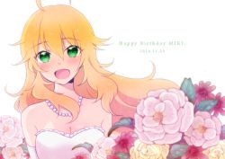 Rule 34 | 1girl, :d, ahoge, bad id, bad pixiv id, bare shoulders, blonde hair, blush, character name, dated, dress, elbow gloves, flower, gloves, green eyes, happy birthday, hoshii miki, idolmaster, idolmaster (classic), jewelry, long hair, looking at viewer, naju soreiyu, necklace, open mouth, smile, solo, strapless, strapless dress, upper body, white dress, white gloves