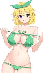Rule 34 | 1girl, bare shoulders, bikini, blonde hair, blue eyes, blush, bow, breasts, green eyes, hair bow, hair ornament, heterochromia, highres, large breasts, looking at viewer, medium hair, navel, polka dot, polka dot bikini, ryouna (senran kagura), senran kagura, simple background, smile, solo, surippa1010, swimsuit, white background