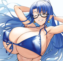 Rule 34 | 1girl, armpits, arms up, bare arms, bare shoulders, bikini, blue bikini, blue hair, breasts, cleavage, earrings, floating hair, front-tie bikini top, front-tie top, gigantic breasts, goki (voicevox), highres, jewelry, long hair, looking at viewer, pointy ears, ponytail, simple background, smile, solo, swimsuit, tenneko yuuri, upper body, very long hair, voicevox, white background, yellow eyes