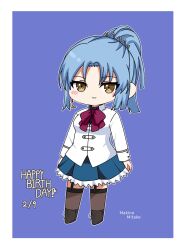 Rule 34 | 1girl, arms at sides, assault lily, black footwear, blue hair, blunt ends, blush, boots, border, bow, bowtie, brown thighhighs, buttons, character name, chibi, closed mouth, commentary, crescent, crescent earrings, cross-laced footwear, earrings, frilled skirt, frills, full body, garter straps, happy birthday, herensuge girls academy school uniform, high ponytail, highres, jacket, jewelry, lace-up boots, light smile, long sleeves, looking at viewer, makino mitake, miniskirt, outside border, parted bangs, pleated skirt, ponytail, purple background, red bow, red bowtie, school uniform, short hair, simple background, skirt, solo, standing, thighhighs, white border, white jacket, yellow eyes, yui (yui1115 )