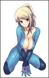 Rule 34 | 1girl, blonde hair, blue eyes, bodysuit, breasts, cleavage, covered erect nipples, large breasts, madkaiser, metroid, nintendo, open clothes, open shirt, ponytail, samus aran, shirt, solo, zero suit