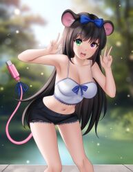 1girl :d animal_ears black_hair black_shorts blue_bow blurry blurry_background bow breasts cable cable_tail cleavage collarbone commentary cowboy_shot crop_top double_v english_commentary gigamessy green_eyes hair_bow hands_up heterochromia highres leaning_forward light_particles long_hair looking_at_viewer mechanical_tail medium_breasts midriff mouse_ears navel open_mouth original pink_eyes second-party_source shirt shorts sleeveless sleeveless_shirt smile solo standing tail teeth upper_teeth_only v white_shirt