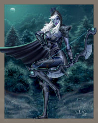 Rule 34 | 1girl, armor, bow, breasts, dark elf, dota (series), dota 2, drow ranger, drow ranger (dota), elf, forest, green eyes, large breasts, long hair, moon, nature, night, pointy ears, solo, standing, weapon, white hair