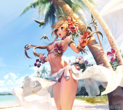 Rule 34 | 1girl, armband, armlet, beach, bikini, bird, blonde hair, blue eyes, bracelet, day, flower, hair flower, hair ornament, hibiscus, jewelry, kkuem, lots of jewelry, necklace, original, palm tree, sarong, see-through sarong, solo, swimsuit, tree, wind, wind lift, wristband
