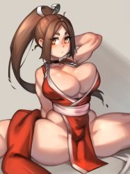 Rule 34 | 1girl, arm up, armpits, bad anatomy, breasts, brown eyes, brown hair, choker, cleavage, closed mouth, collarbone, fatal fury, grey background, hair ornament, highres, japanese clothes, kelvin hiu, large breasts, long hair, love handles, no panties, parted bangs, pelvic curtain, ponytail, revealing clothes, shiranui mai, simple background, sitting, sleeveless, solo, spread legs, the king of fighters, thick eyebrows, thighs