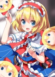 Rule 34 | 1girl, :3, alice margatroid, arm up, belt, blonde hair, blue dress, blue eyes, blurry, blurry background, book, bow, capelet, closed mouth, doll, dress, eyes visible through hair, flying, frills, hair between eyes, hairband, hands up, highres, indoors, long hair, looking at viewer, necktie, one-hour drawing challenge, open mouth, red belt, red bow, red hairband, red necktie, ruu (tksymkw), shanghai doll, short hair, short sleeves, smile, solo, standing, thread, touhou, v-shaped eyebrows, white capelet, window
