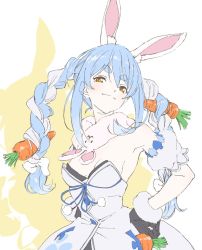 Rule 34 | 1girl, :3, animal ear fluff, animal ears, armpits, bare shoulders, black gloves, blue hair, bow, braid, breasts, buttons, carrot, carrot hair ornament, cleavage, closed mouth, extra ears, eyebrows, food-themed hair ornament, gloves, hair between eyes, hair bow, hair ornament, hands on own hips, highres, hololive, long braid, long hair, looking at viewer, marugayotsu, multicolored hair, orange eyes, pocket, rabbit ears, rabbit girl, scarf, shadow, sideboob, small breasts, smug, solo, twin braids, two-tone hair, usada pekora, usada pekora (1st costume), virtual youtuber, white background, white hair