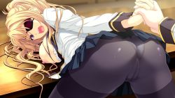 Rule 34 | 1girl, ass, bent over, blonde hair, breast press, breasts, breasts out, chobipero, eyepatch, from behind, game cg, large breasts, legs, long hair, looking back, nipples, no bra, open mouth, panties, pantyhose, pantyshot, ponytail, school uniform, shin shirogane no soleil reanswer, skirt, thighs, underwear, upskirt