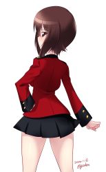 Rule 34 | 1girl, alternate costume, blush, breasts, brown eyes, brown hair, closed mouth, dated, from behind, girls und panzer, hand on own hip, highres, kuzuryuu kennosuke, large breasts, looking back, military, military uniform, miniskirt, nishizumi maho, short hair, simple background, skirt, solo, st. gloriana&#039;s military uniform, uniform, white background