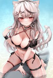 Rule 34 | 1girl, animal ears, barefoot, bikini, bikini pull, black bikini, black collar, blush, braid, breasts, buckle, cat ears, cat tail, cleavage, closed mouth, clothes pull, collar, commentary request, detached sleeves, ear piercing, frills, furrowed brow, grey hair, hair ornament, hairclip, hand up, heart, heart-shaped buckle, heart pendant, highres, hololive, long hair, looking at viewer, maid headdress, medium breasts, nail polish, namagome negi, navel, piercing, pulled by self, red eyes, red nails, riding, sakamata chloe, side-tie bikini bottom, single detached sleeve, skindentation, solo, stomach, strap pull, swimsuit, tail, thigh strap, virtual youtuber, water, wavy hair, wet, wrist cuffs, x hair ornament