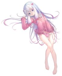 Rule 34 | 1girl, aeng dyu, artist name, bad id, bad pixiv id, bare legs, barefoot, blue eyes, blush, bow, closed mouth, eromanga sensei, feet, frilled sleeves, frills, from above, frown, full body, hair bow, highres, izumi sagiri, knee up, long hair, long sleeves, low-tied long hair, lying, on back, pajamas, panties, pink hair, pink panties, red bow, ribbon trim, side-tie panties, silver hair, simple background, sleeves past wrists, solo, tareme, thigh gap, underwear, untied panties, very long hair, white background