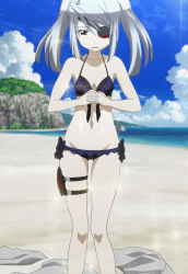 Rule 34 | 10s, 1girl, beach, bikini, blush, breasts, cleavage, day, eyepatch, frilled bikini, frills, front-tie top, grey hair, highres, infinite stratos, laura bodewig, lens flare, lowleg, navel, screencap, small breasts, solo, stitched, swimsuit, thigh strap, third-party edit, twintails