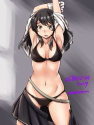 Rule 34 | 1girl, arms up, artist name, black bra, black hair, black panties, black skirt, bra, breasts, brown eyes, collarbone, commentary request, cowboy shot, dress shirt, gloves, gluteal fold, hair ornament, hairclip, kantai collection, medium breasts, navel, one-hour drawing challenge, open clothes, oyashio (kancolle), panties, pleated skirt, shirt, skirt, unworn skirt, solo, tatsumi ray, twitter username, underwear, white gloves, white shirt, window