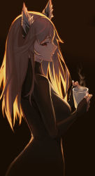 Rule 34 | 1girl, absurdres, animal ear fluff, animal ears, black background, black shirt, closed mouth, cup, feet out of frame, from side, girls&#039; frontline, girls&#039; frontline neural cloud, highres, holding, holding cup, long hair, looking to the side, persica (girls&#039; frontline), persicaria (neural cloud), pink eyes, pink hair, shirt, smile, solo, standing, swallow zzy, turtleneck