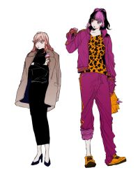 Rule 34 | 2girls, baggy clothes, black hair, black nails, blunt bangs, bobbbob, cheetah print, crossed arms, food, height difference, high heels, holding, holding food, ice cream, ice cream cone, jacket, jacket on shoulders, long skirt, looking away, looking to the side, multicolored hair, multiple girls, nail polish, original, pants, pants rolled up, pink eyes, pink hair, ponytail, pout, pumps, purple hair, shoes, skirt, sleeves past fingers, sleeves past wrists, sneakers, swept bangs, track jacket, track pants, two-tone hair