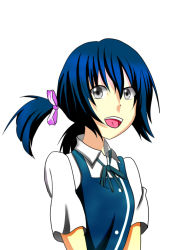 Rule 34 | 1girl, blue hair, d-frag!, female focus, funabori, grey eyes, low twintails, open mouth, school uniform, simple background, solo, twintails, vest, white background
