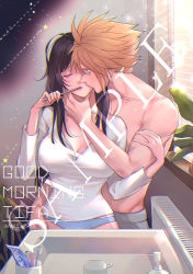 Rule 34 | 1boy, 1girl, bathroom, black hair, blonde hair, blue eyes, breasts, brushing teeth, character name, closed eyes, cloud strife, collarbone, couple, cowboy shot, final fantasy, final fantasy vii, final fantasy vii remake, good morning, hand on another&#039;s arm, hand on another&#039;s face, highres, indoors, kiss, kissing cheek, large breasts, long hair, long sleeves, looking at another, messy hair, morning, mugikoma, panties, plant, sample watermark, shirt, sink, spiked hair, star (symbol), sunlight, text focus, tifa lockhart, toothbrush, topless male, underwear, watermark, white shirt, window