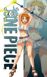 Rule 34 | 1girl, ahoge, armpits, arms up, belt, bikini, bikini top only, blush, bra, breasts, cleavage, clima-tact, copyright name, feet, female focus, fighting stance, full body, high heels, highres, huge breasts, jolly roger, miniskirt, nami (one piece), narrow waist, nigou, one piece, orange hair, panties, pantyshot, red eyes, red hair, sandals, short hair, skirt, solo, straw hats jolly roger, striped bikini, striped clothes, striped panties, swimsuit, toes, underwear, upskirt, wand, zoom layer