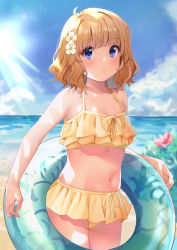 Rule 34 | 1girl, ahoge, bare arms, bare shoulders, beach, bikini, bikini skirt, blue eyes, blurry, blurry background, blush, breasts, brown hair, cloud, collarbone, commentary request, cowboy shot, day, flower, frills, hair flower, hair ornament, halterneck, highres, idolmaster, idolmaster million live!, idolmaster million live! theater days, innertube, koukoku, looking at viewer, midriff, navel, ocean, open mouth, outdoors, red flower, short hair, sky, small breasts, smile, solo, suou momoko, swim ring, swimsuit, water