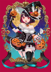 Rule 34 | 1girl, bare shoulders, black hair, breasts, candle, cleavage, fire, gloves, halloween, hat, highres, multicolored hair, original, red eyes, red hair, ribbon, short hair, solo, terai (teraimorimori), thighhighs, two-tone hair, witch hat