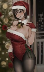 Rule 34 | 1girl, absurdres, bare shoulders, bell, black pantyhose, breasts, brown eyes, brown hair, christmas, christmas tree, cleavage, collar, commentary, ear piercing, fur trim, gloves, gompang 11, hand on own hip, hand on own shoulder, hat, highres, indoors, large breasts, leotard, looking at viewer, mole, mole under mouth, neck bell, original, pantyhose, piercing, red gloves, red hat, red leotard, santa costume, santa hat, santa leotard, seductive smile, smile, solo, thighband pantyhose, thighs