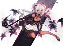 Rule 34 | 1girl, apron, black dress, black gloves, breasts, cleavage, commentary request, dark skin, dark-skinned female, detached collar, dress, elbow gloves, gloves, hair ornament, hair ribbon, highres, holding, holding weapon, juexing (moemoe3345), large breasts, long hair, looking at viewer, original, pointy ears, purple eyes, ribbon, scythe, smile, solo, twintails, very long hair, waist apron, weapon, white hair