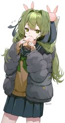 Rule 34 | 1girl, blue skirt, blush, rabbit hair ornament, eating, fingernails, food, green eyes, green hair, grey background, grey jacket, hair ornament, highres, holding, holding food, hood, hood down, hooded jacket, jacket, long fingernails, long hair, open clothes, open jacket, original, simple background, skirt, sleeves past wrists, solo, syu45, twintails, twitter username