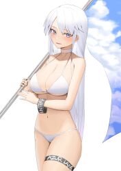 Rule 34 | 1girl, absurdres, alternate costume, azur lane, bare arms, bare shoulders, bikini, breasts, choker, cleavage, cowboy shot, enterprise (azur lane), flag, halterneck, highres, holding, large breasts, long hair, looking at viewer, lordol, navel, open mouth, purple eyes, sidelocks, skindentation, smile, solo, stomach, string bikini, swimsuit, thigh strap, thighs, very long hair, white bikini, white choker, white hair, wristband
