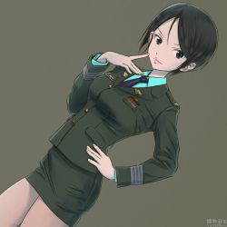 Rule 34 | 10s, 1girl, akagi (fmttps), artist name, black eyes, black hair, black necktie, blouse, brown background, character name, chouno ami, closed mouth, commentary, dress shirt, dutch angle, finger to face, girls und panzer, green jacket, green shirt, green skirt, hand on own hip, jacket, japan ground self-defense force, japan self-defense force, light smile, lips, long sleeves, looking at viewer, military, military uniform, miniskirt, necktie, pantyhose, pencil skirt, see-through, see-through legwear, shirt, short hair, simple background, skirt, solo, standing, swept bangs, twitter username, uniform