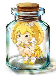 Rule 34 | 10s, 1girl, bad id, bad pixiv id, bike shorts, blonde hair, boots, bottle, cork, cure peace, dress, earrings, hair flaps, hair ornament, jewelry, kise yayoi, magical girl, precure, shouin, skirt, smile precure!, solo, squatting, tears, white background, wide ponytail, yellow dress, yellow eyes, yellow skirt