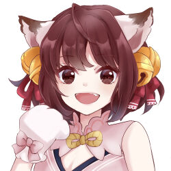 Rule 34 | 1girl, :d, ahoge, animal ears, animal hands, bell, brown eyes, brown hair, cat ears, cat girl, chim (dedechimly), commentary request, gloves, hair bell, hair ornament, hair ribbon, highres, ichihime, jingle bell, looking at viewer, mahjong soul, medium bangs, open mouth, paw gloves, pink shirt, red ribbon, ribbon, shirt, short hair, simple background, sleeveless, sleeveless shirt, smile, solo, teeth, upper body, upper teeth only, white background