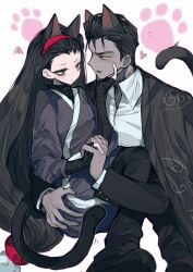 1boy 1girl aeng-du_(project_moon) animal_ears anzekeye black_coat black_eyes black_hair black_pantyhose black_undershirt cat_ears cat_tail coat coat_on_shoulders collared_shirt dark-skinned_male dark_skin hair_slicked_back hairband hand_on_another&#039;s_ass heart highres jun_(project_moon) limbus_company long_hair low-tied_long_hair open_mouth pantyhose project_moon red_eyes red_hairband sash shirt simple_background sitting tail very_long_hair white_background white_sash white_shirt white_trim