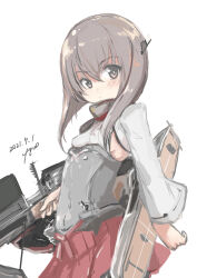 Rule 34 | 1girl, absurdres, armor, bike shorts, bob cut, bow (weapon), brown eyes, brown hair, crossbow, dated, flight deck, fyuo, hakama, hakama skirt, headband, headgear, highres, inverted bob, japanese clothes, kantai collection, looking at viewer, pleated skirt, red skirt, signature, simple background, skirt, solo, standing, taihou (kancolle), weapon, white background