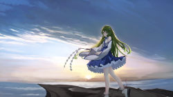 Rule 34 | 1girl, blue skirt, bobby socks, cliff, closed mouth, cloud, cloudy sky, commentary, detached sleeves, eps3rd, fingernails, floating hair, foot out of frame, frilled hair tubes, frilled skirt, frills, frog hair ornament, geta, gohei, green eyes, green hair, hair ornament, hair tubes, highres, holding, kochiya sanae, long hair, looking at viewer, nail polish, pink nails, shirt, single sidelock, skirt, sky, smile, socks, solo, sunrise, touhou, twitter username, very long hair, white shirt, white sleeves, white socks, wide sleeves